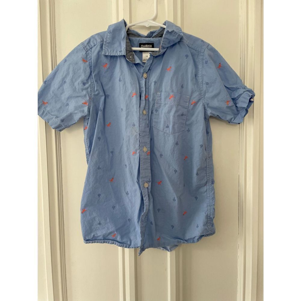 Osh Kosh boys blue cactus and dinosaur button down shirt 14